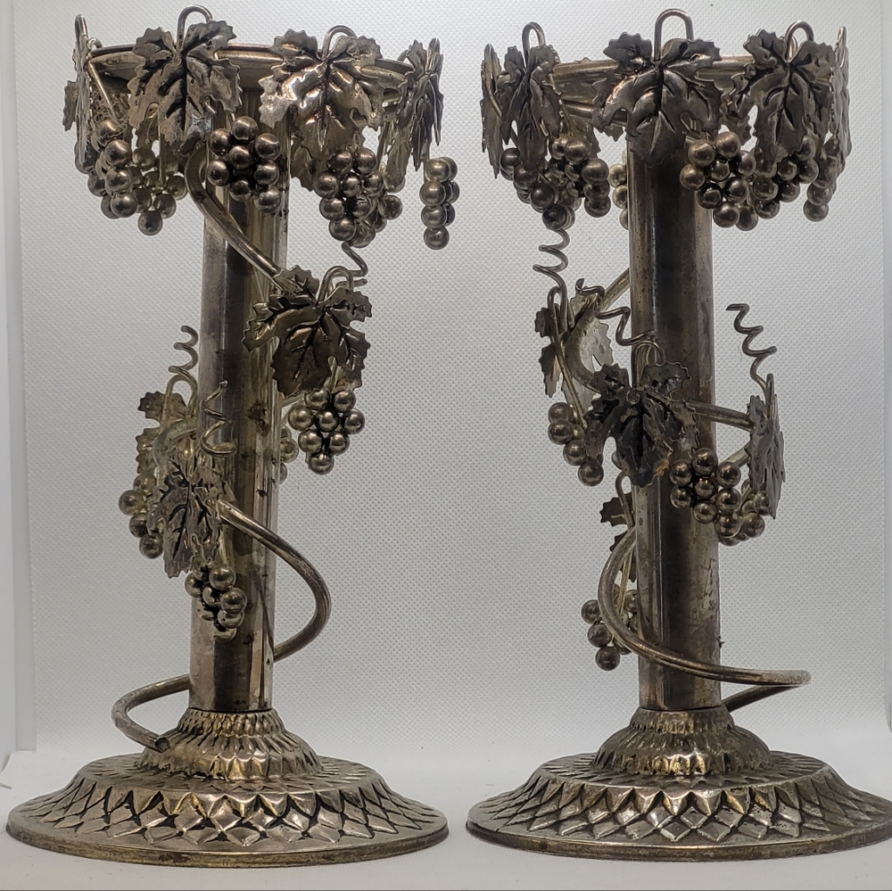 2 pc Studio Silversmiths Silver Plated Grape Vine Candlesticks